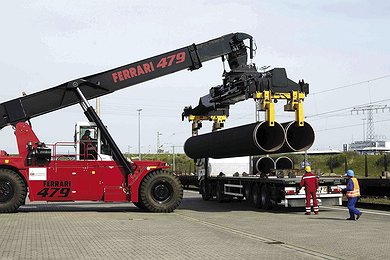 Handling of pipe segments at Mukran, Port of Sassnitz (Rügen Island, Germany), May 2008