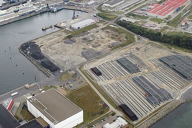 Aerial view of stock yard and EUPEC concrete coating plant at Mukran, Germany